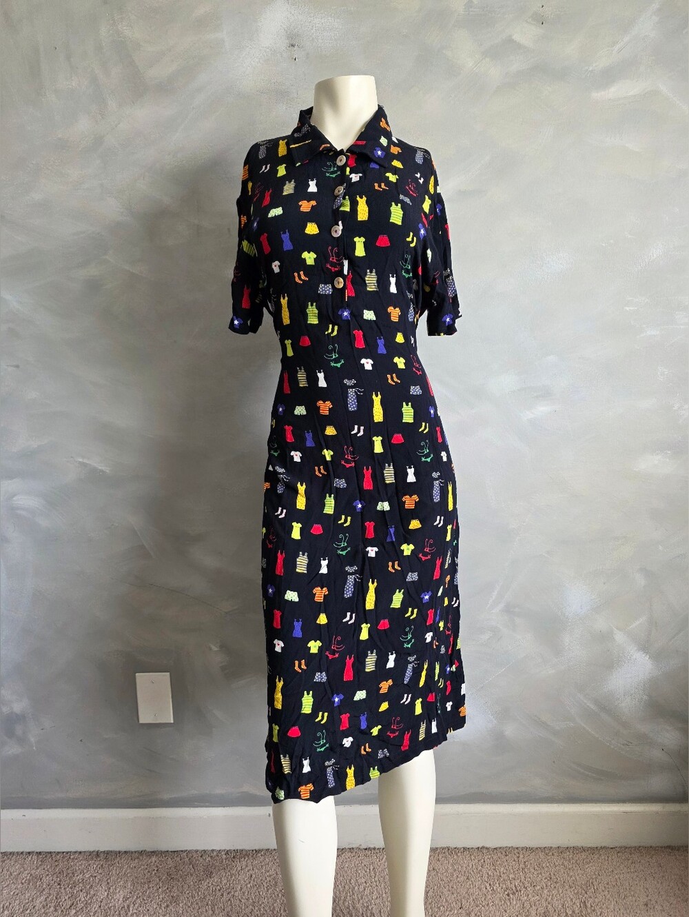 Vtg 90s David Dart Black Button Up Novelty Print Multicolor Dress Sz L Collar